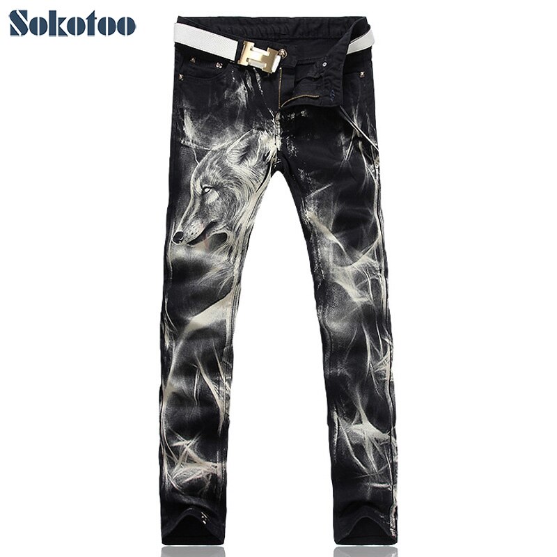 Sokotoo mænds ulvprint stretch denim jeans slank sortmalet lige bukser lange bukser