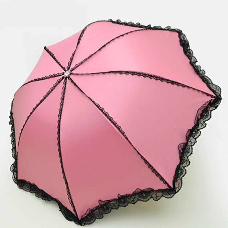 Black Lace Three Folding Ladies Female Parasol Women Rain Umbrella Gril Anti Sun UV Protection Sunny Rainy B65: Pink Umbrella