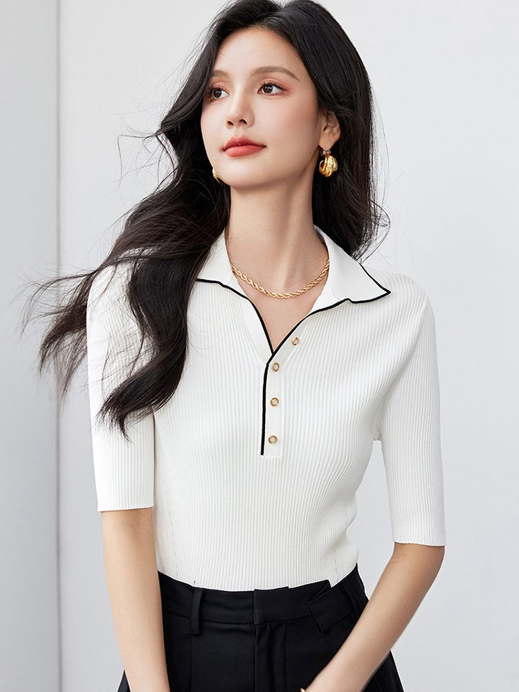 Striktrøje dame korte ærmer smalle revers toppe kontrast strik top dame skinny ribbet pullover