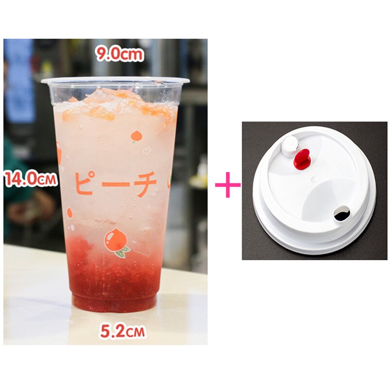 50pcs 90 caliber 500ml transparent cold drink cup fruit lemon peach pattern disposable juice plastic cups with lid: cup and lid8