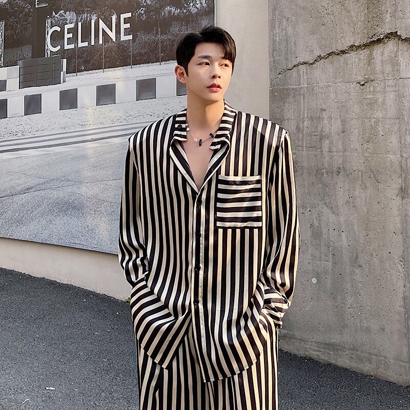Conjuntos de ropa a rayas de estilo satinado para hombre, camisa informal holgada de manga larga, pantalones, ropa de calle Vintage, camisas de vestir para , pantalón
