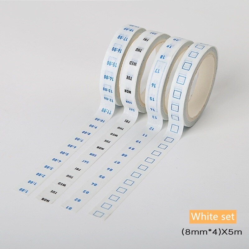 4 stk mini timeplan papir washi tape uke dato klokkeslett sjekkliste 8mm selvklebende maskeringstape planlegger agenda klistremerker kontor  a6943: Hvitt sett