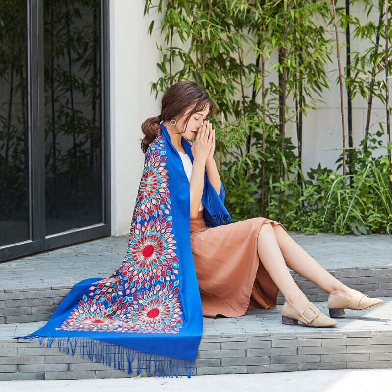 Vrouwen dikke kasjmier sjaals tibetaanse nepal zonnebloem sjaal borduurwerk kwast lange sjaal warme pashmina gebreide dames: 11