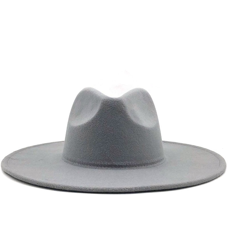 Simple british style vinteruld solid klassisk fedoras cap mænd kvinder panama jazz hat 9.5cm wide brim big fedoras: Grå