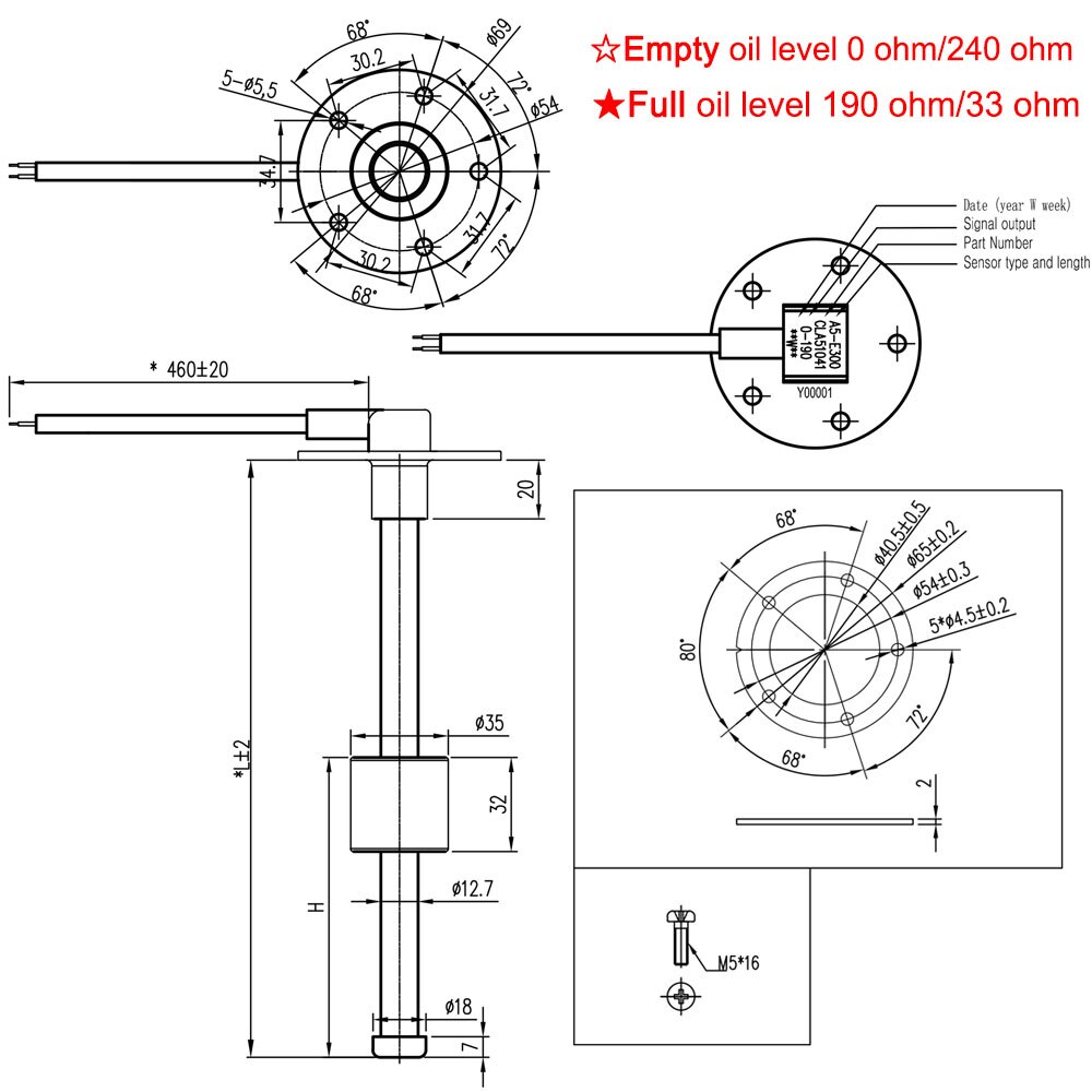 Polttoainetason anturi veneen anturiyksikkö meri-, kuorma-auto-, matkailuauto-, vedenpinnan mittari 240 ohmia / 190 ohmia ruostumatonta terästä 150mm 200mm