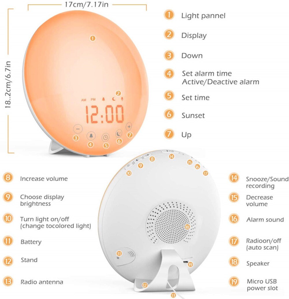 Wifi sunrise wake-up lampe smart snooze vækkeur soveværelse led natlys fm radio