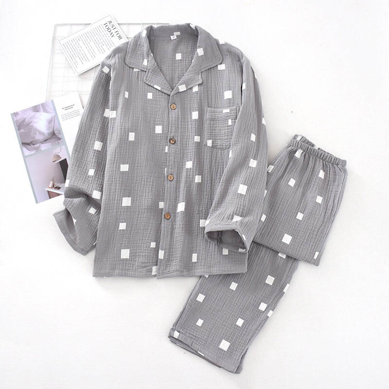 Spring Men's Gauze Cotton Pajamas Set Simple Style Turn-Down Collar Sleepwear Set Full Sleeve Clothes+Pants 2Pcs Homewear