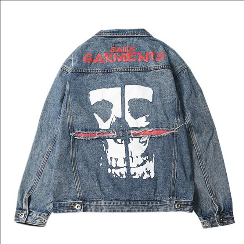 street broken cloth denim jacket retro wash water hole skull English print denim jacket jacket