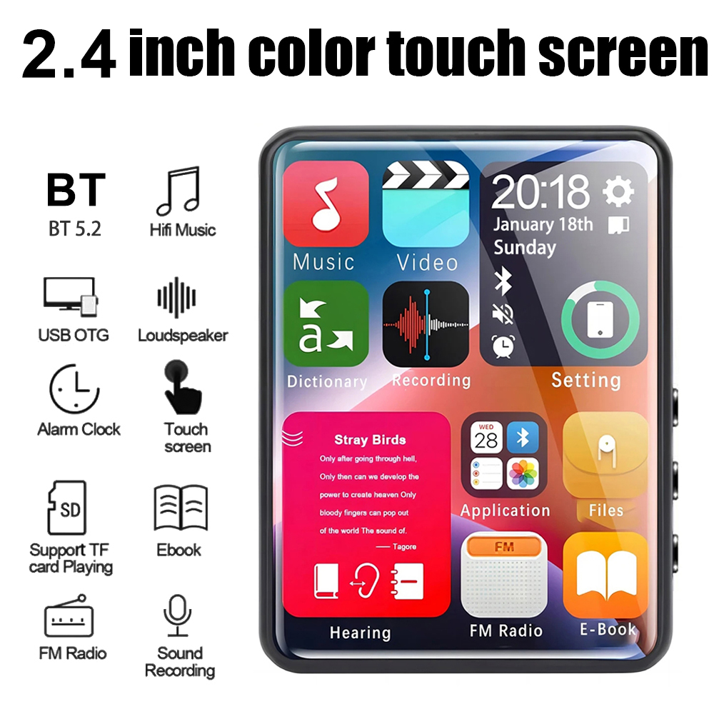 2,4-Zoll-Touch-MP3-Player mit Vollbild-Touchscreen und 4 GB Speicher, Bluetooth-MP4-Player mit integriertem Lautsprecher und E-Book-FM-Radio-Video