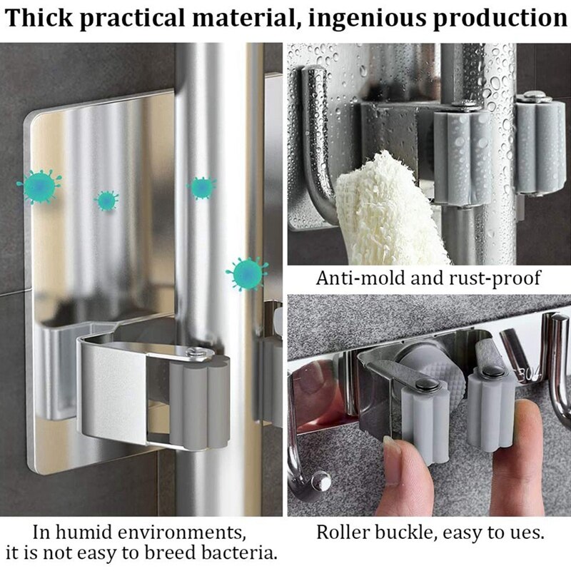 Broom Mop Holder Wall Mount,Metal Stainless Steel Wall Mounted Storage Organizer Heavy Duty Tools Hanger