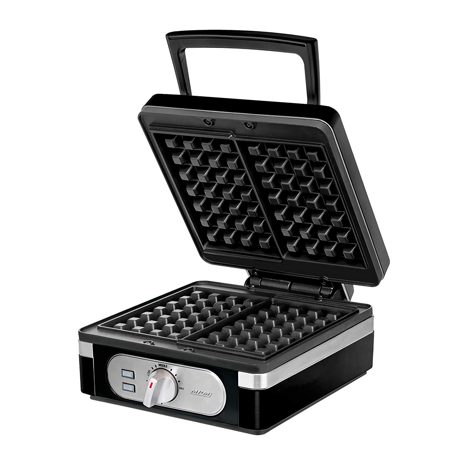 MPM MGO-24 gaufrier électrique, 2 épaisses, antiadhésif, régulateur de température, en acier inoxydable. 1400W Noir