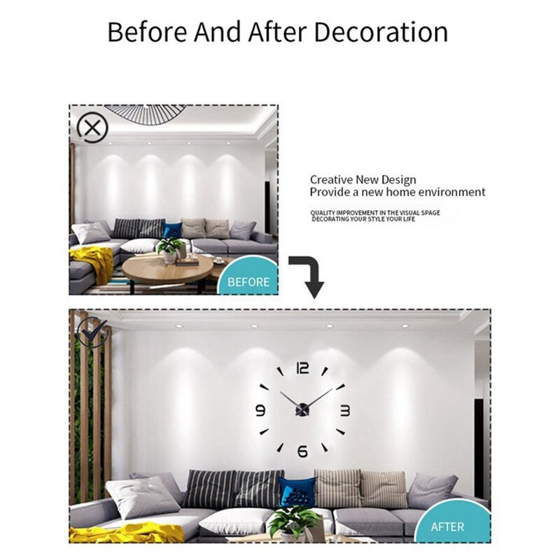 3D Large DIY Wall Clock Frameless Mute Non Ticking Quartz Clocks Kit with Mirror Number Sticker for Bedroom Decor