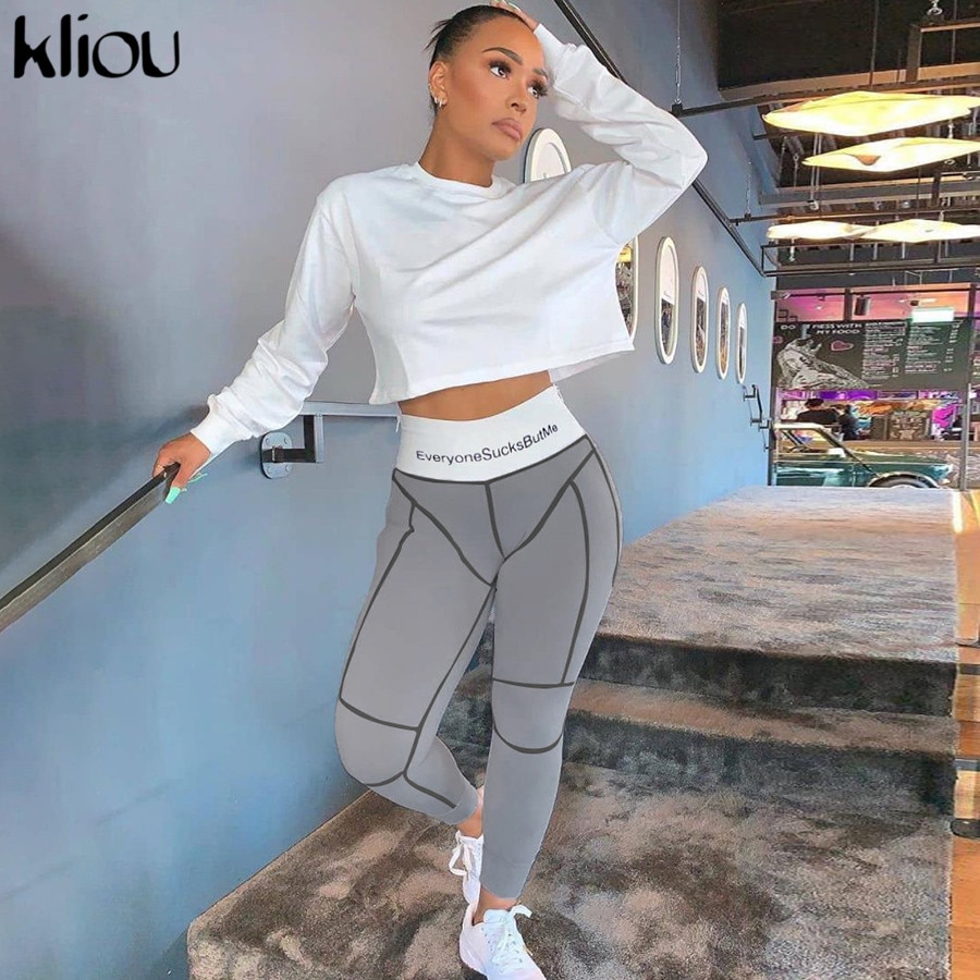 Kliou hohe taille buchstaben druck Fitness Gamaschen herbst Winter frauen Patchwork gestreiften streetwear sportliche dünne hosen
