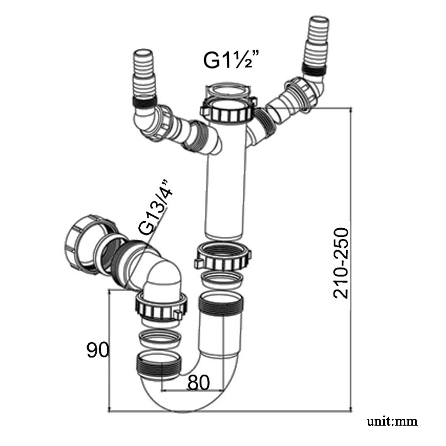 Kitchen sink drain pipe kitchen sink drain pipe replacement bathroom sink drain pipe connection joint drain u trap G1-1/2