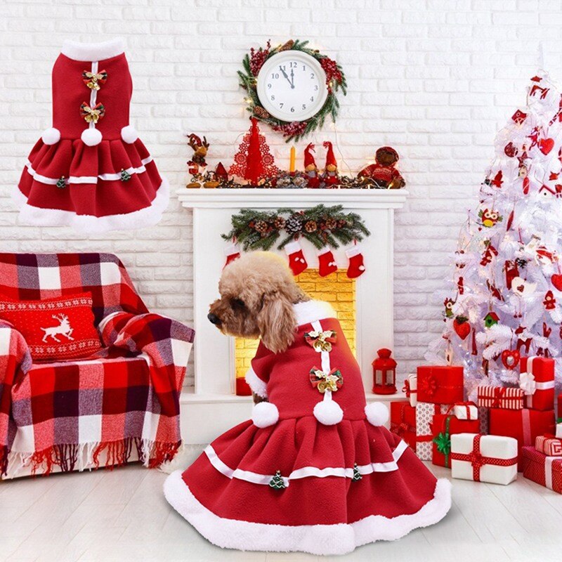 Animal de estimação outono inverno quente cachorro meninas traje filhote de cachorro quente velo vermelho vestido para o natal