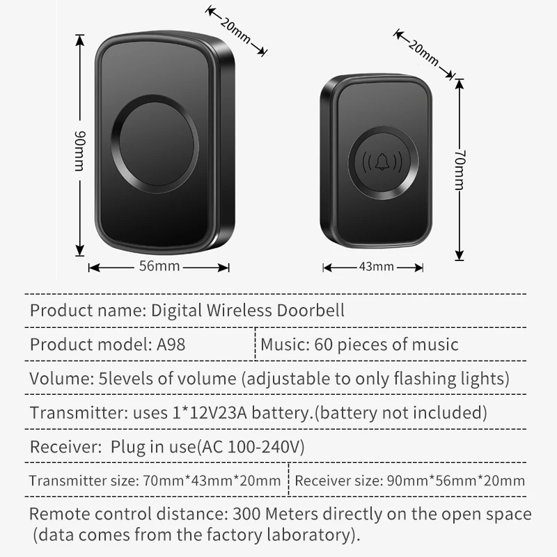 Cacazi Home DC drahtlose Türklingel setzt wasserdichte 1000ft Reichweite 60 Klingeltöne 2 Taste 1 Empfänger ohne Batterie Outdoor-Anruf glocke
