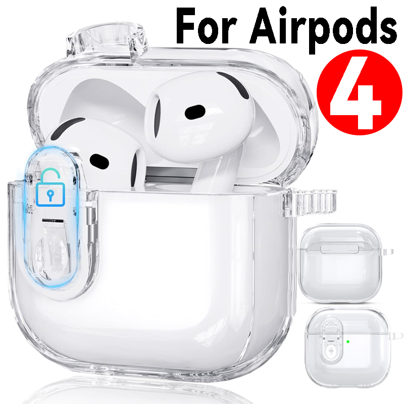 Funda transparente con cerradura de seguridad para Airpods 4 2024, funda suave de TPU antiamarilleo, carcasa protectora transparente para Apple AirPods 4th