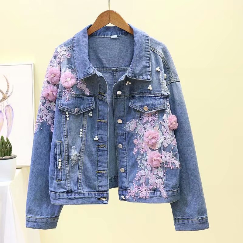 Chaqueta vaquera para niña, ropa con bordado de flores, primavera y otoño,