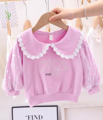 Baby Meisjes Zoete Kant Trui Herfst Mode Baby Meisje Revers Leuk Overhemd Kinderkleding Kinderen Lange Mouw katoen: Paars / 24M(100cm)