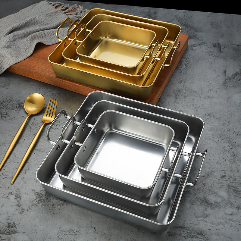 Two Ear Stainless Steel Square Food Trays Fruit Snacks Plates DIY Baking Tools Flat Fry Pan Trays for Kitchen