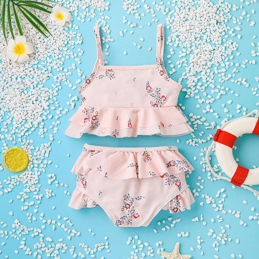1 Set Ruffle Floral Print Girls Swimsuit Flutter Sleeveless Polyester Two Pieces Sun Protection Girls Tankini for Summer