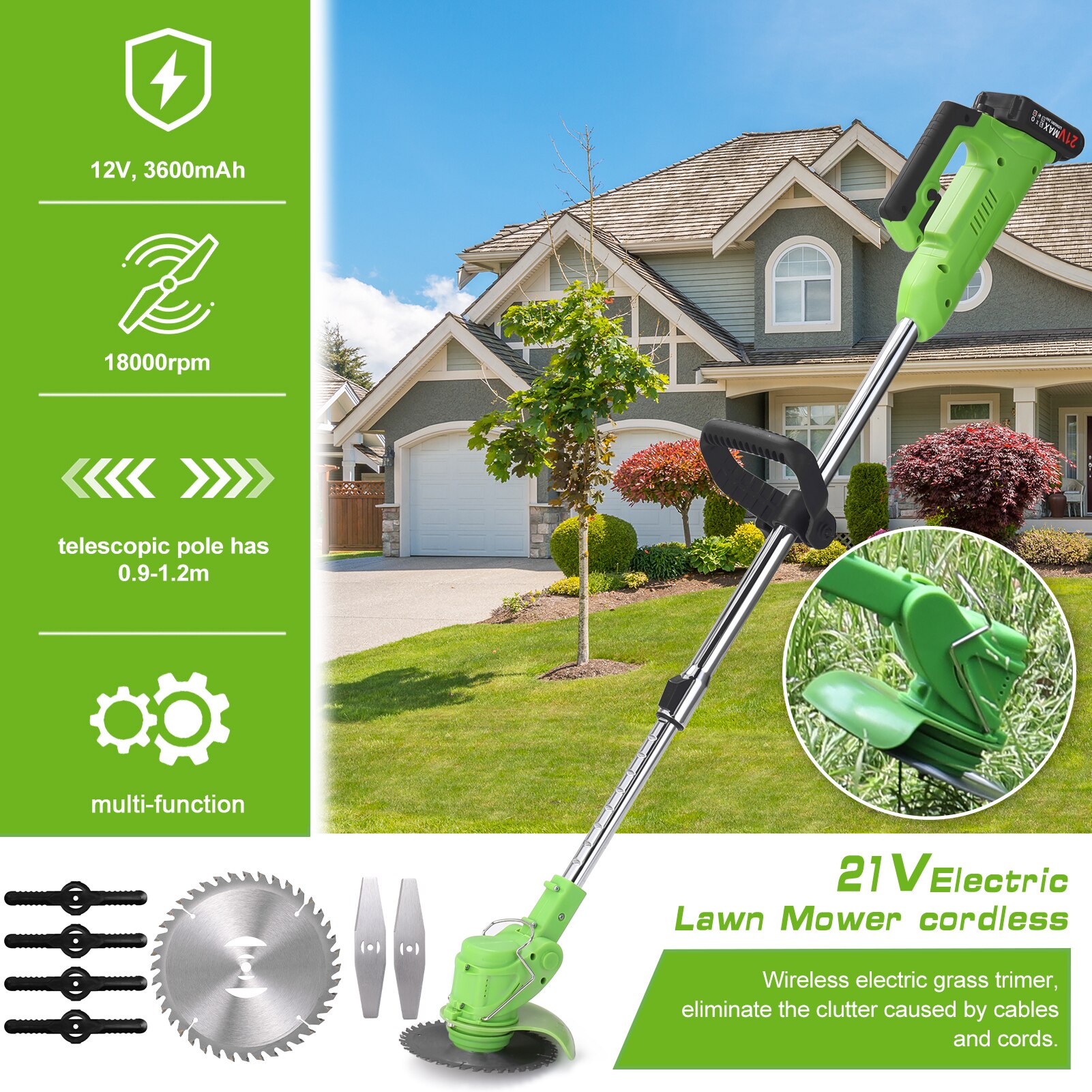 Electric Lawn Mower Rechargeable Li-ion Battery Cordless Grass Trimmer Auto Release Household Garden Home Trimming Machine