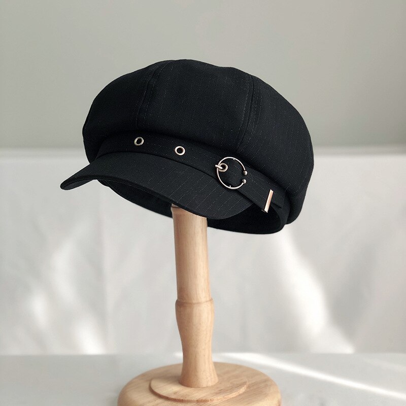 Hat Women Octagonal Cap Beret Striped Retro French Artist Hat Painter Octagonal Hats Black Brown Casual Caps: Black