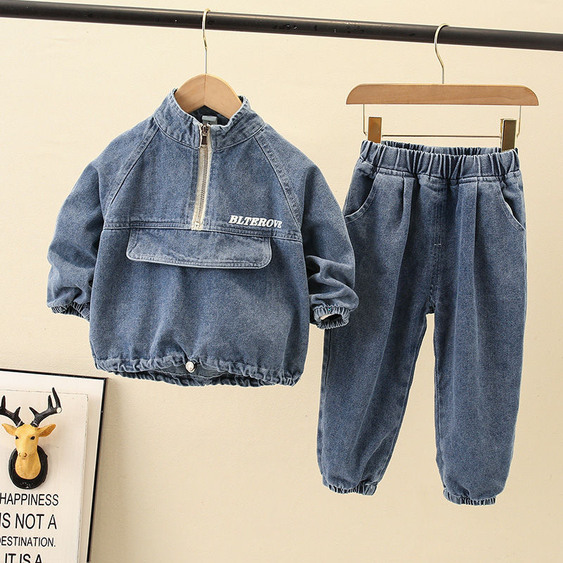 baby boys clothes sets 1-7 years old spring and autumn 2-pieces-sets Denim 2-piece large pocket wash boys Korean