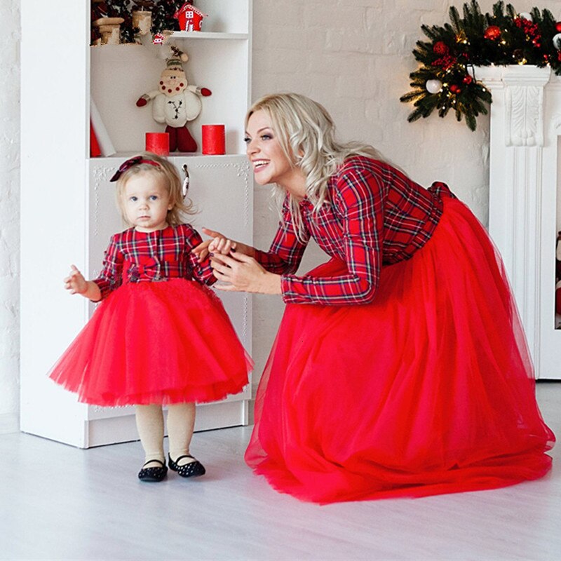 Vêtements de noël à carreaux pour maman et moi, rouge, tenues assorties pour famille, Look famille, nouvel an: Mom XL