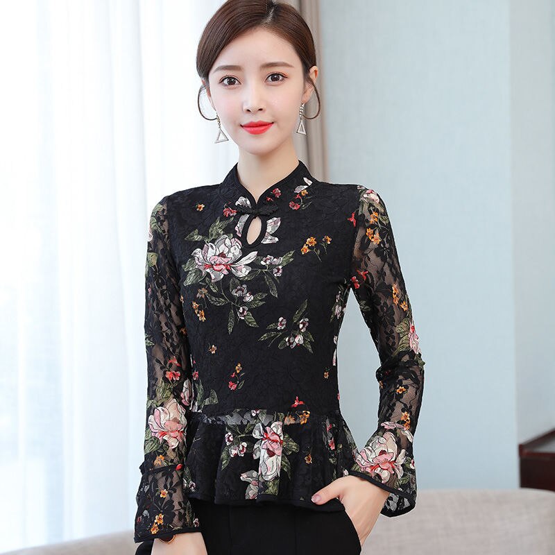 Camisa de estilo Oriental para mujer, blusa tradicional de flores, camisas de Hanfu de talla grande 3XL, Top de encaje , ropa tipo Tang