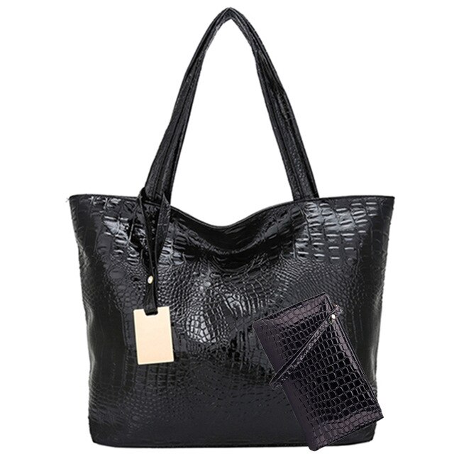 Women's bag soft PU leather crocodile pattern ladies handbag luxury ladies large capacity shoulder bag main: black
