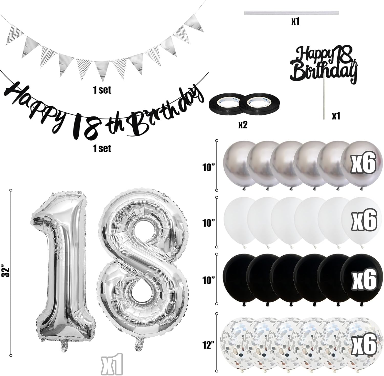 50 decoraciones de de cumpleaños para mujeres y hombres, pancarta de feliz 30, 40 y 60 cumpleaños, globos, suministros para decoración de tartas, color negro, plateado y blanco: iridescent