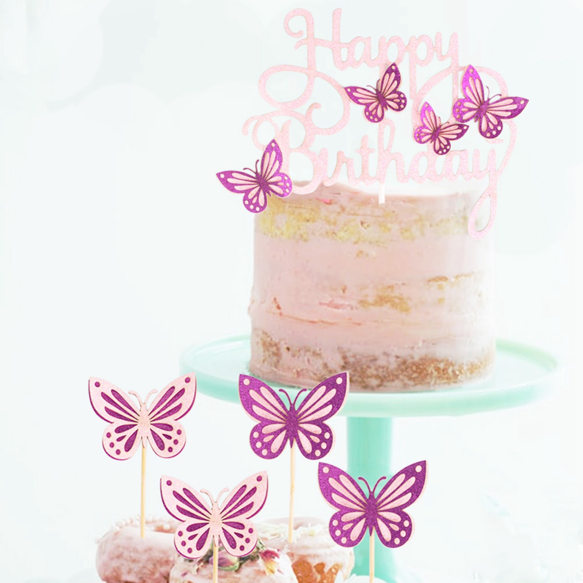 Pink lilla sommerfugl kage topper tillykke med fødselsdagen fest indretning baby shower pige bryllup brud dessert kage indretning cupcake flag