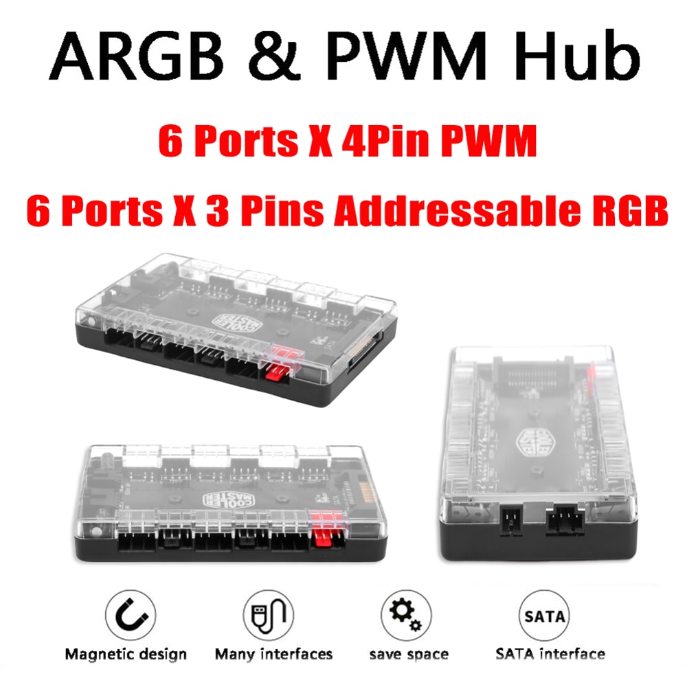 1 to 6 PWM ARGB Fan HUB Splitter 4 Pin PWM 3 Pin Addressable RGB Adapter SATA Interface Concentrator For Desktop PC