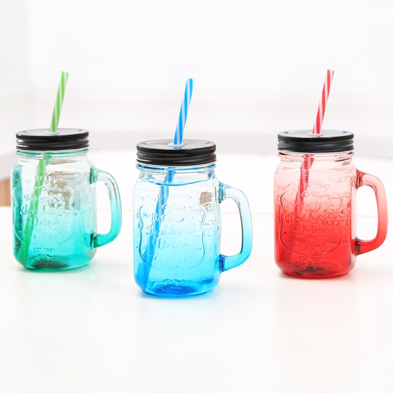 Lutning blå bokstaven glas kopp mason burk mugg med lock & halm glass frukt kall dricka glas smoothie kaffe koppgift