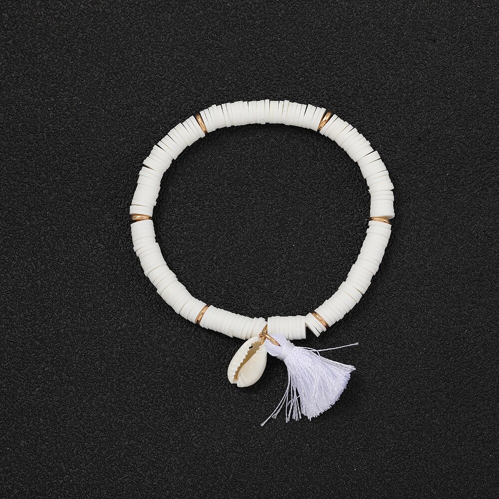 Bohemian Etnische Shell Kwastje Hangers Armband Voor Vrouwen Kleurrijke Polymeer Klei Discs Armband Party Hand Sieraden: White