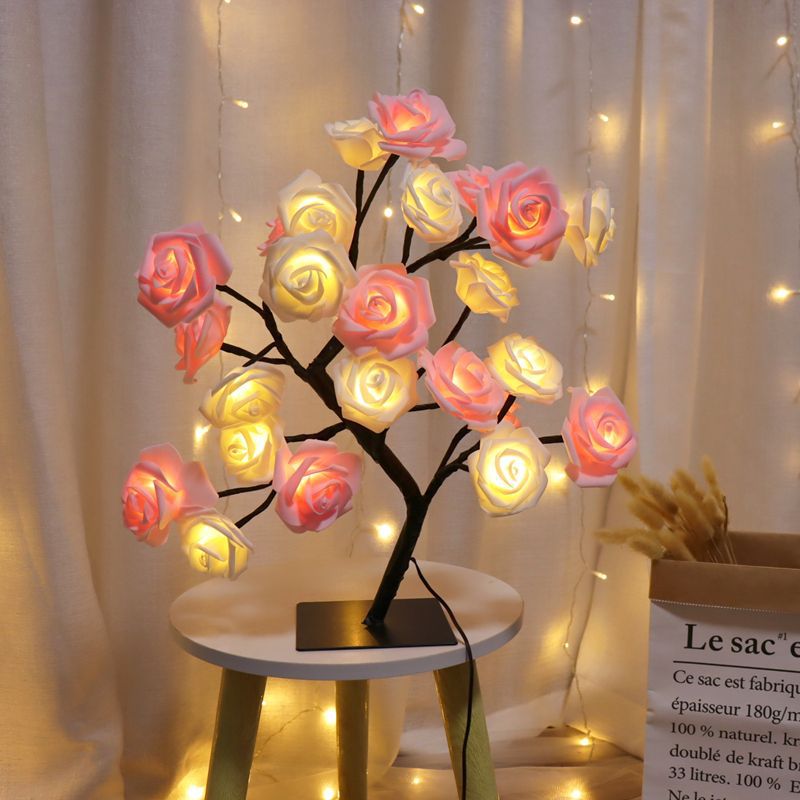 Lámpara de mesa 24LED, árbol de flores rosas, luces nocturnas USB, decoración navideña, para habitación de niños, iluminación de flores rosas, decoración del hogar