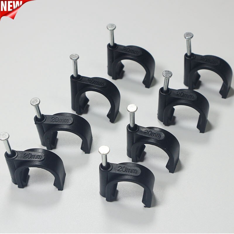 50pcs/pack blackPE Plastic 20mm Circle Cable Clip C Shaped High Carbon Steel Nails Cable clips Wire Wall holder