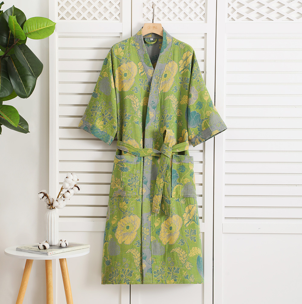 Albornoz de gasa de doble capa de algodón puro para primavera/verano, tela fina teñida, ropa de hogar para parejas, bata tipo kimono de estilo japonés, pijama