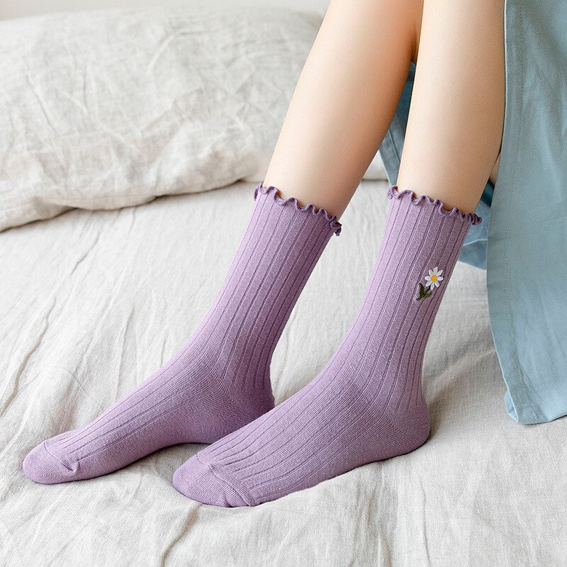 CHAOZHU Summer Spring Thin Loose Socks Daisy 8 Colors Long Women Sox Sweet Cute Cotton Knitting Rib Korea Japanese
