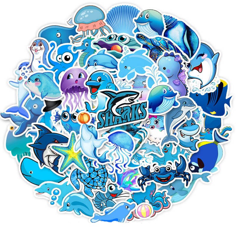 49pcs/lset Waterproof Cute Cartoon Ocean Animals Stickers vinyl refrigerator Suitcase Decoration For MacBook/HP Laptop Decals