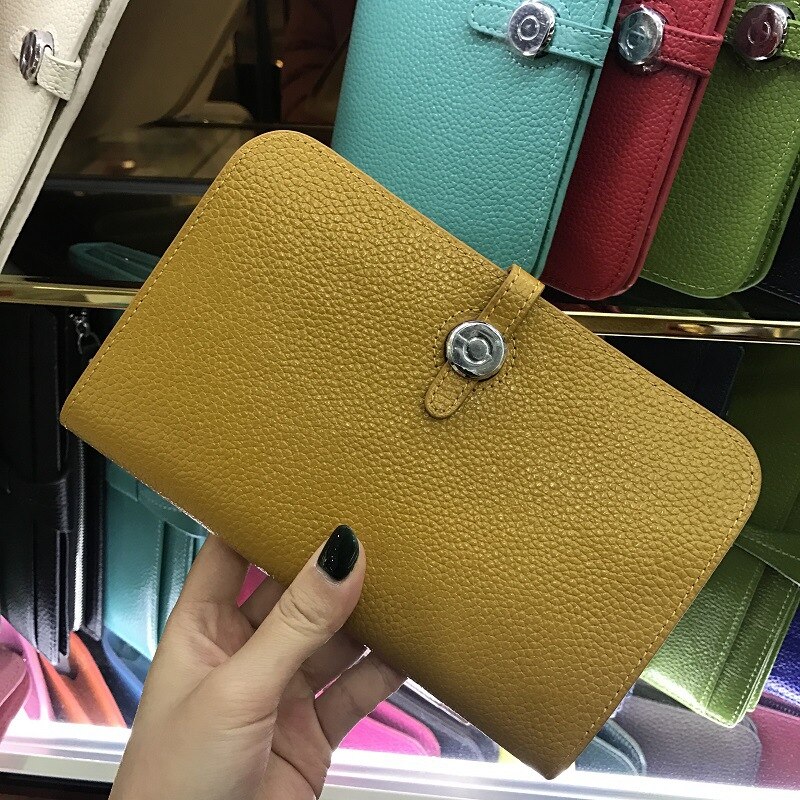 Gran venta de carteras de para mujer, carteras de cuero de grano de lichi con cremallera, billetera de para mujer, carteras y bolsos: Yellow