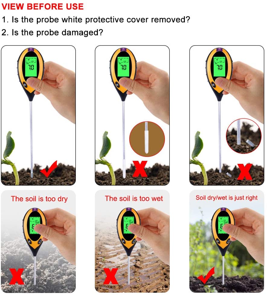 Probador de pH del suelo 4 en 1, medidor de humedad, Kit de probador de suelo de plantas con PH, luz y acidez de humedad para flores