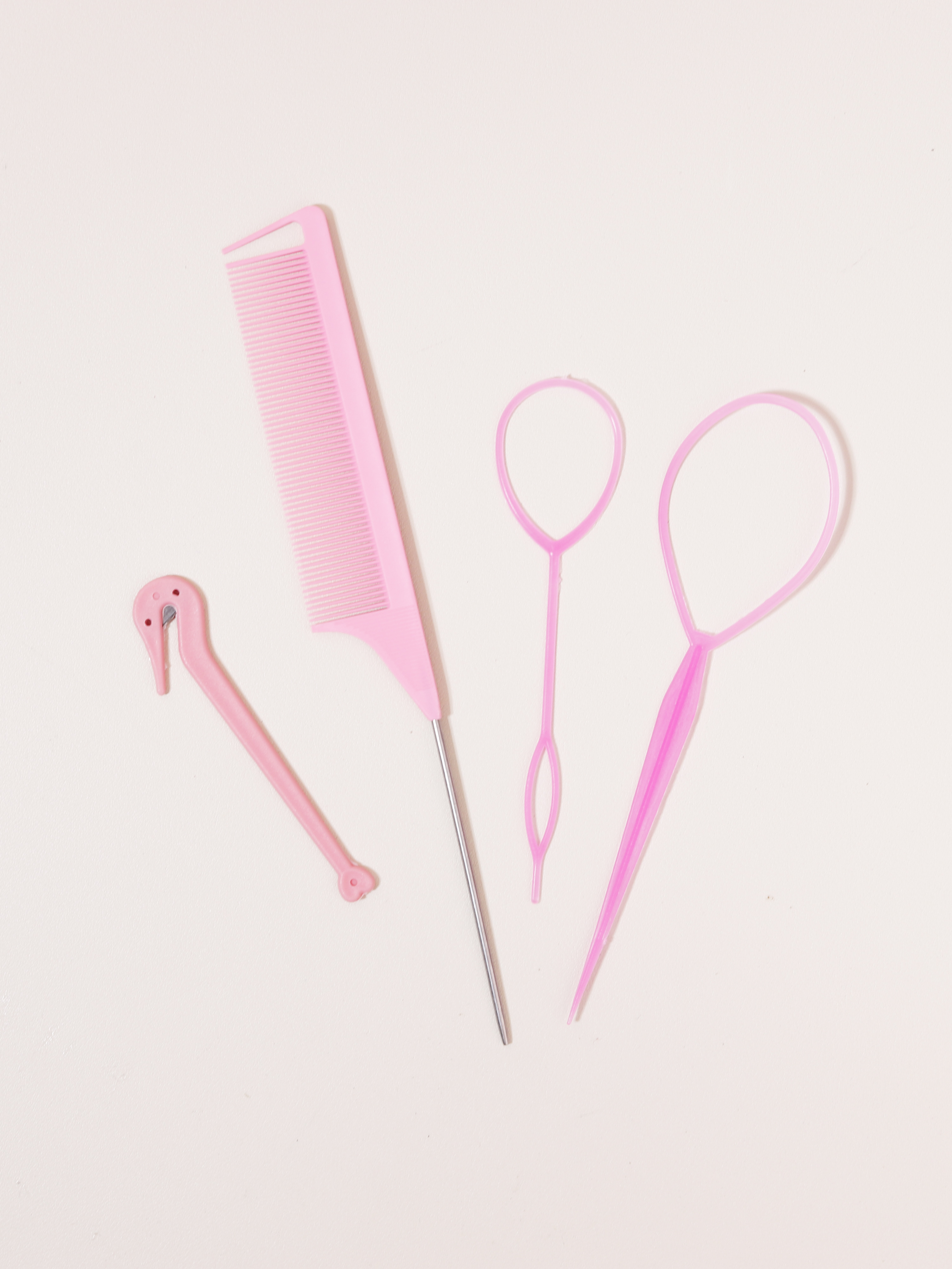 Juego de peinado de 4 piezas, cortador de banda de goma, peine de cola de ratón, herramientas de peinado, accesorios para trenzas de cabello, fabricante de cola de caballo