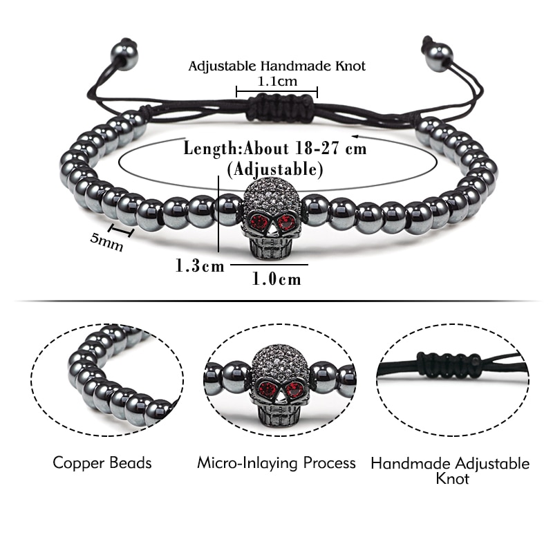 Neue Pflastern CZ Kupfer Perlen Armbänder Schwarz handgefertigt Kristall Schädel Leopard Kopf Krone Würfel Verstellbaren Ständer Armbinde für Frauen Männer