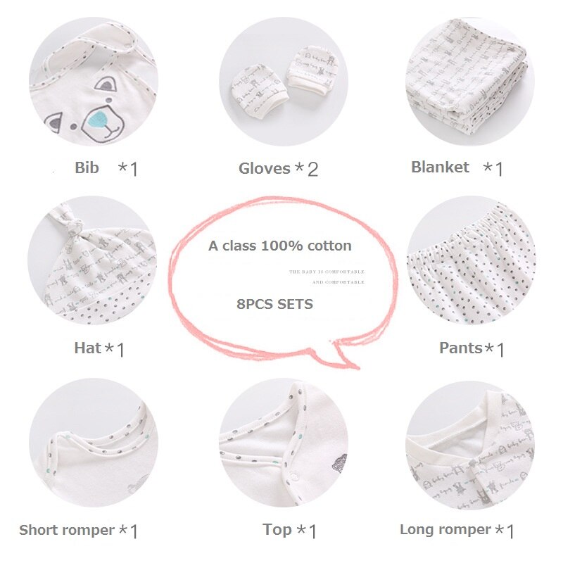 Vlinder, ropa para bebé recién nacido, ropa para bebé (niño o niña), pijamas para recién nacidos, ropa, Bodi, gorro, guantes, pantalones de parte superior con babero, conjunto de 8 uds, 0-12M