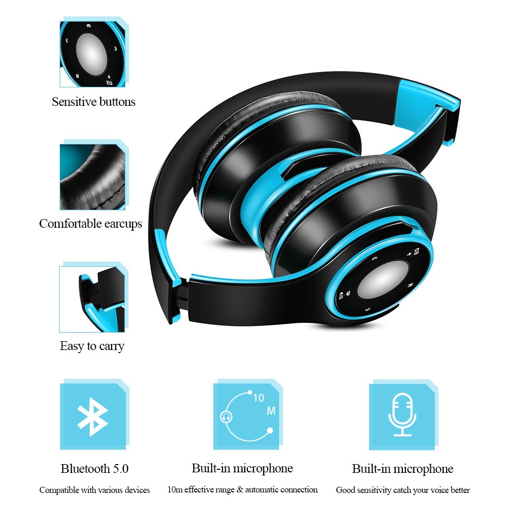 Auriculares inalámbricos con bluetooth 5,0, reproductor de mp3, tarjeta sd, micrófono para música