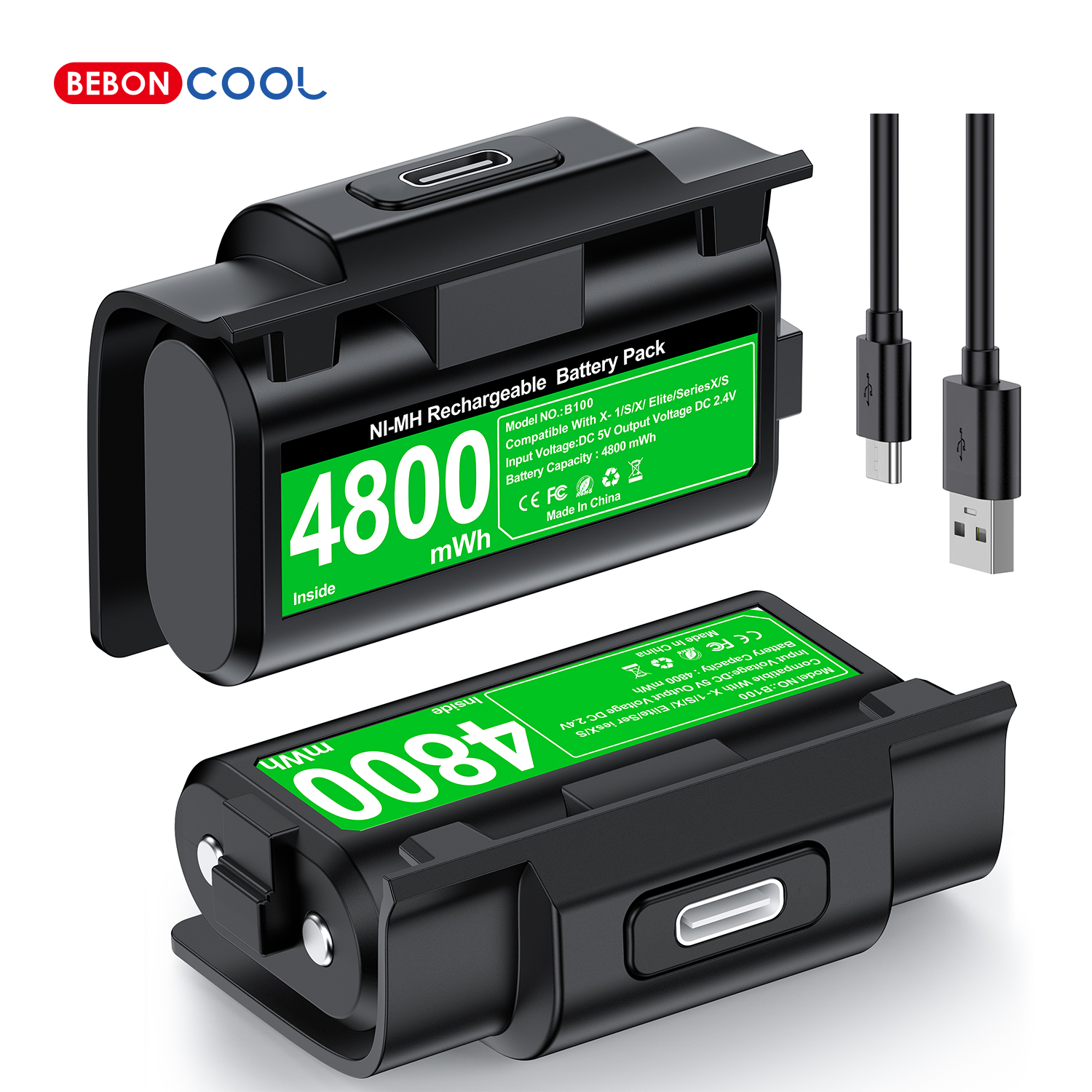 BEBONCOOL B100 2x4800mWh Batteria ricaricabile per Xbox Series X/S/Xbox One S/X Batteria controller con cavo di ricarica