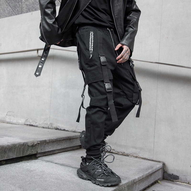 ¡Novedad! Pantalones de chándal Cargo para hombre con bolsillos y cremallera lateral, cintas de estilo Darkly, pantalones para correr, pantalones largos ajustados a la .