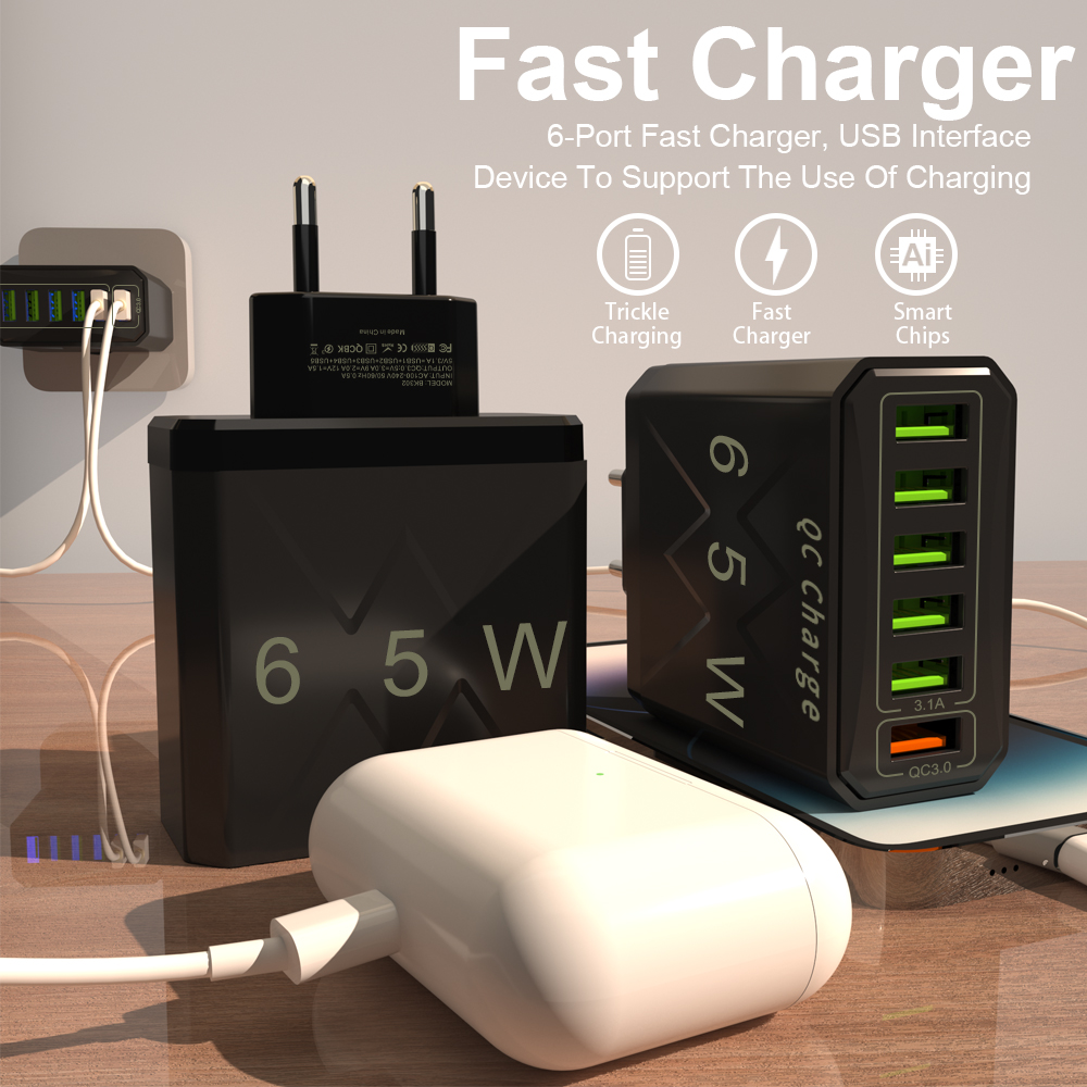65w mobiele telefoons 6 poorten snellader usb-oplader snellaadadapter 6-- in- -1 qc3.0 us eu-kr-stekker snellader voor iphone